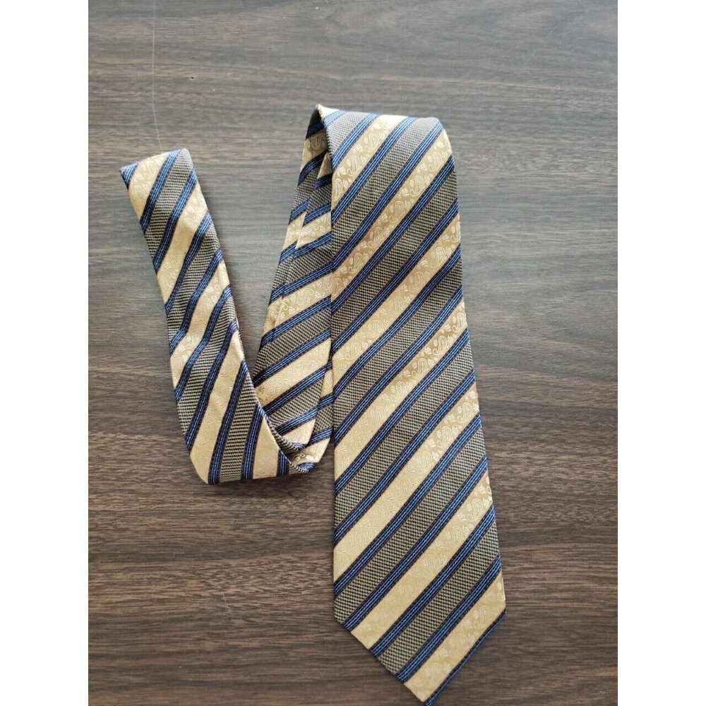 Peacock Classic Necktie 3.5” Silk Paisley & Stripes All Over Pattern Gold Blue